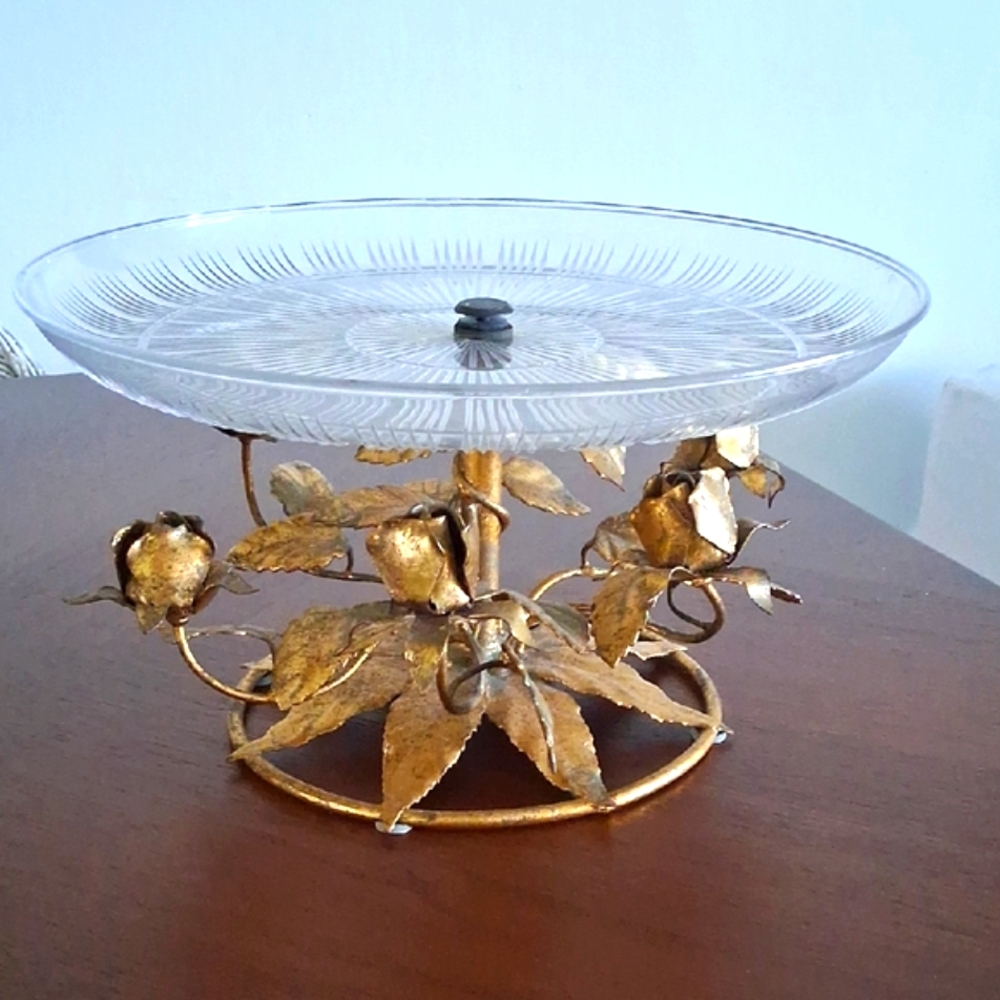 Italian Florentine Cake Stand with Gold Gilt Metal Tole